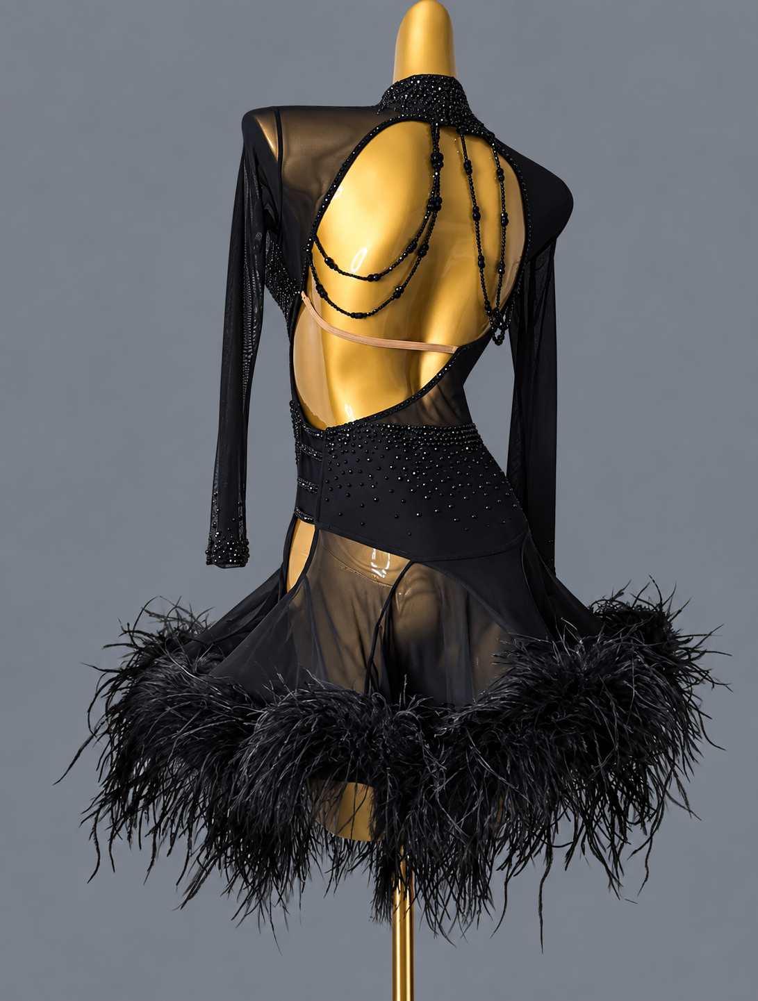 Custom Black Latin Dance Dress with Feathers & Crystals Salsa Chacha Competition Gown