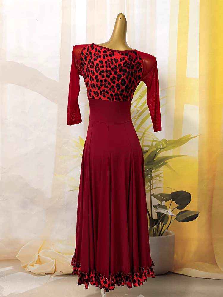 Wine Leopard Ballroom Dance Dresses for Women Girls Waltz Tango Rhthm Smooth Dance Long Swing Skirts - Moderndancedress.com