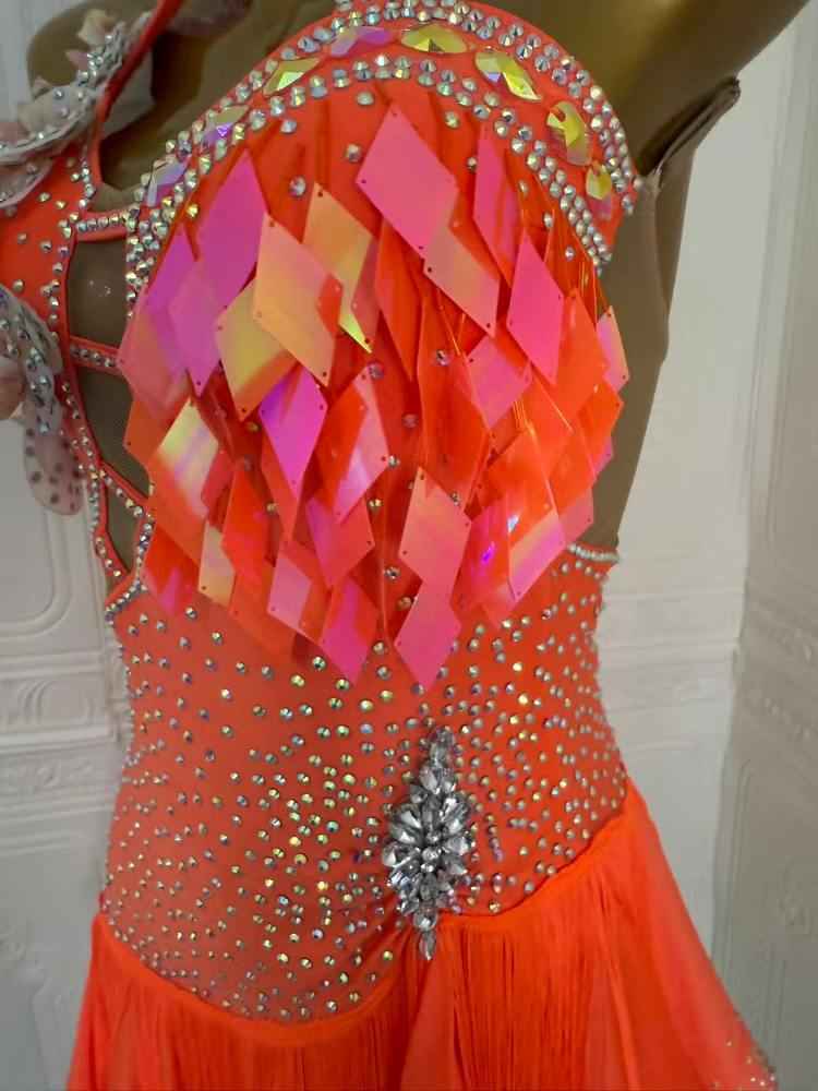 Custom Size Latin Dance Dresses Orange Salsa Rumba Chacha Blackpool Flower Costumes