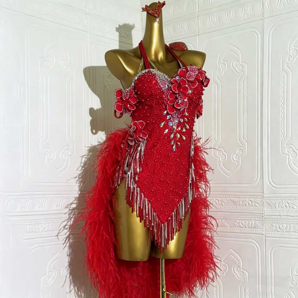 Custom Size Turquoise Latin Dance Dress with 3D Flowers & Feather Fringe