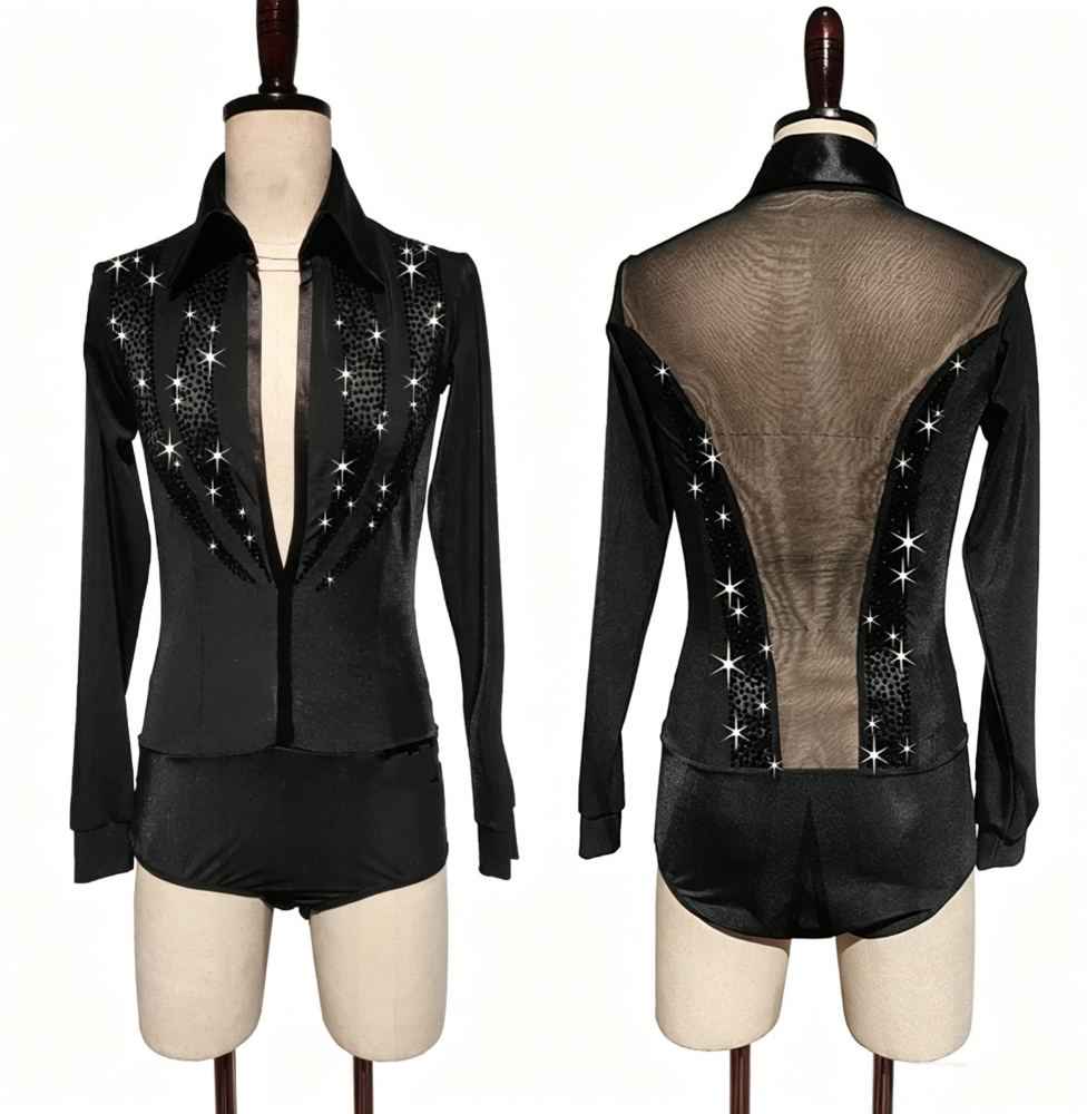 Custom Size Competition Black Fuchsia Latin Ballroom Danec Shirt Long-sleeved Elastic Mesh Back