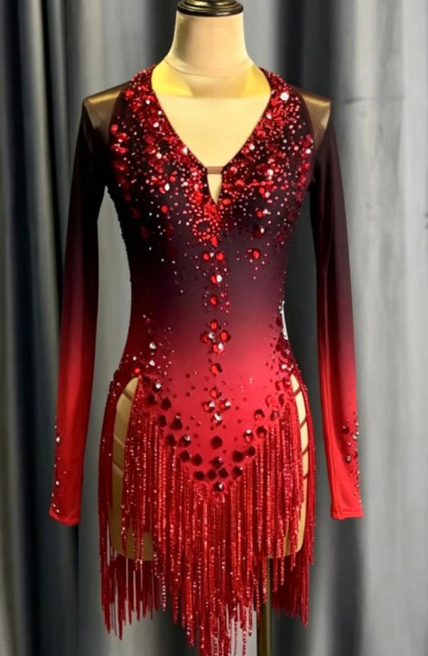 Custom Black & Red Latin Dance Dress Rhinestone Fringe Salsa Competition Gown