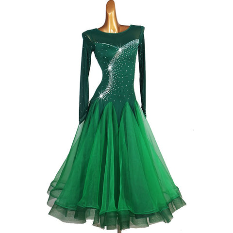 Dark green rhinestones ballroom dance dress waltz tango dance dress for female vestito da ballo da sala verde scuro