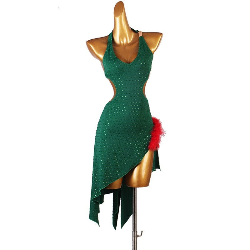 Dark green rhinestones competition latin dance dress for women feather irregular bling skirts stage performance modern dance latin rumba salsa dance costumes - Moderndancedress.com