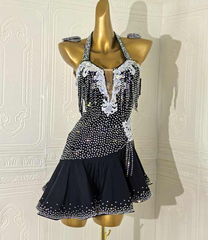 Custom Size Black Diamond Latin Dance Dresses Salsa Halter Neck Rumba Chacha Solo Latin Performance Costumes