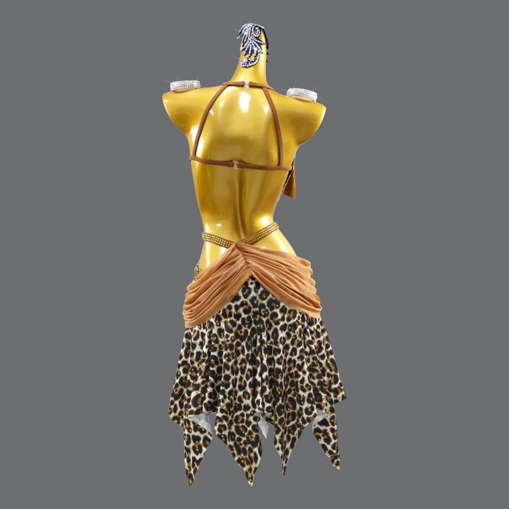 Custom Professional Leopard Latin Dance Competition Dress for Young Girls with Gold Fringe