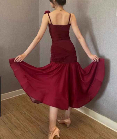 Women girls One Shoulder Slant Neck Flowers Ballroom Dance Dresses  Burgundy Black Waltz Tango Foxtrot Smooth Dance Rhythm Performance Long Skirts - Moderndancedress.com