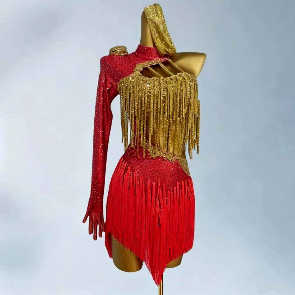 Custom Size Competition Black with Gold Fringe Latin Dress Salsa Rumba Chacha Red Dance Costumes