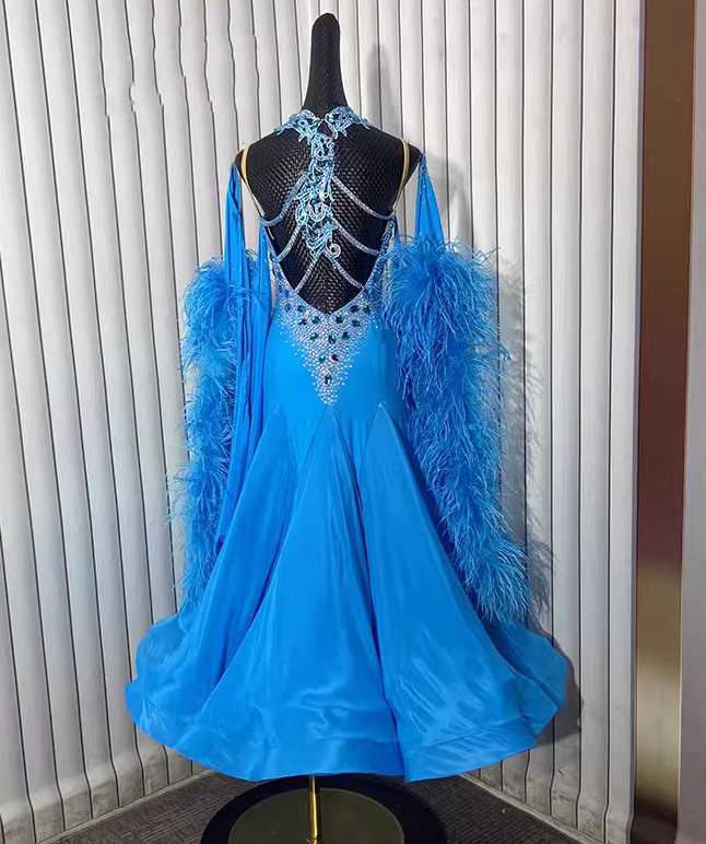 Custom Size Women's Blue Competition Ballroom Dance Dress Ostrich Feather Floats