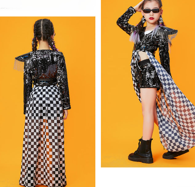 Children Black sequins jazz street hiphop dance costume girls model catwalk gogo dancers dance clothing photography outfits for kids - Moderndancedress.com