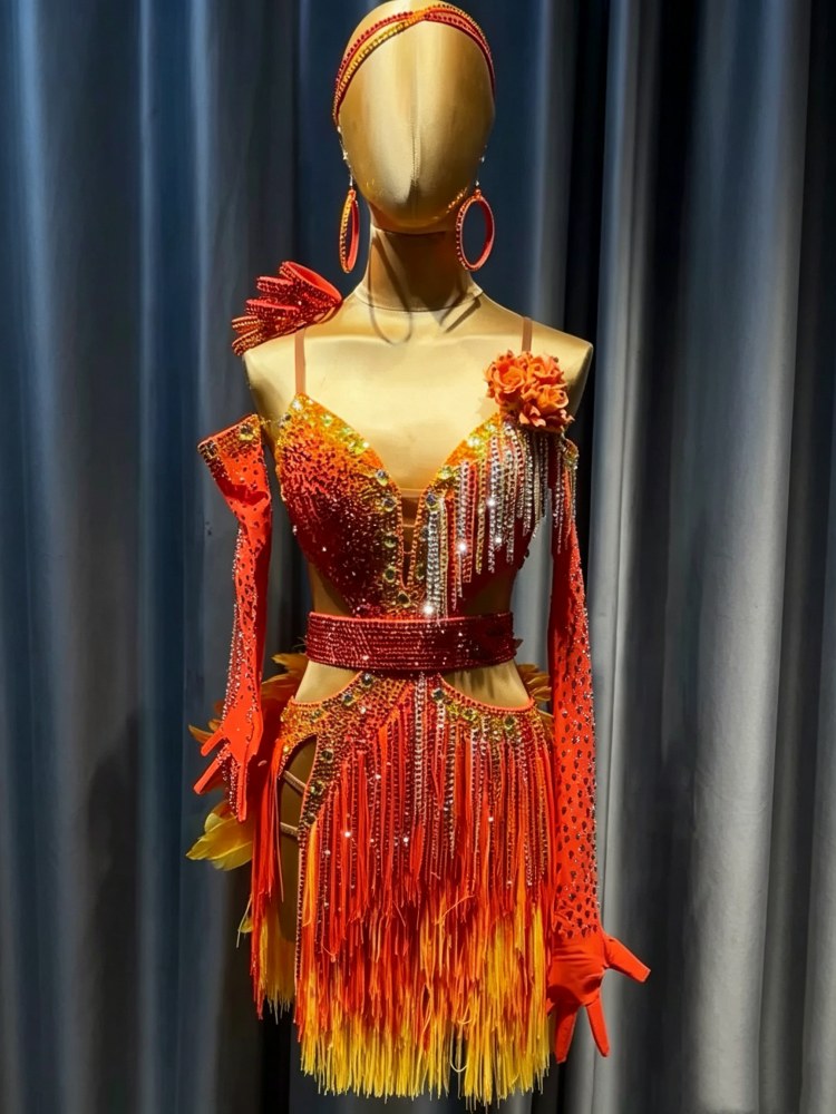 Custom Royal Blue Orange Latin Dress | Cutout Salsa Cha Cha Competition Outfit