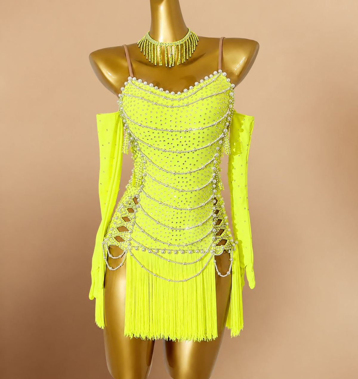 Custom Competition Green Latin Dance Dress with Fringe & Rhinestones Hot Pink Salsa Costume