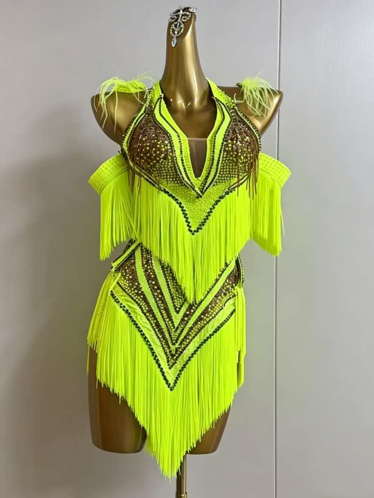 Custom Neon Yellow Latin Dance Dress with Gold Tassels & Crystals