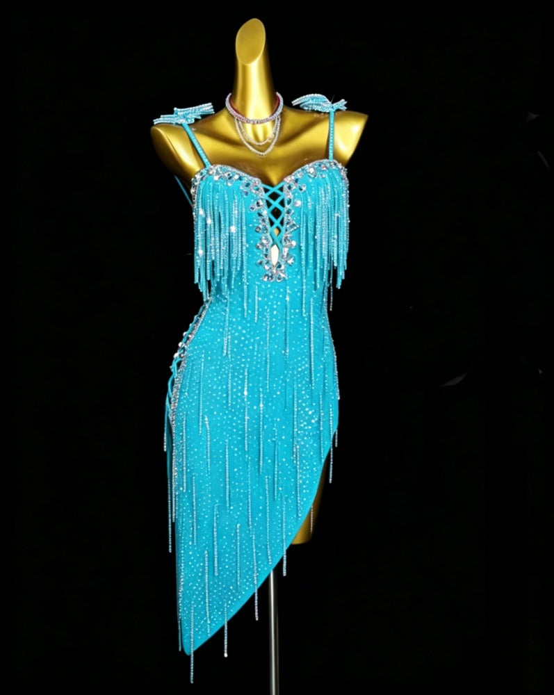 Custom Size Competition Turquoise Fuchsia Latin Dance Dress Salsa Ballroom Chacha Dance Costumes