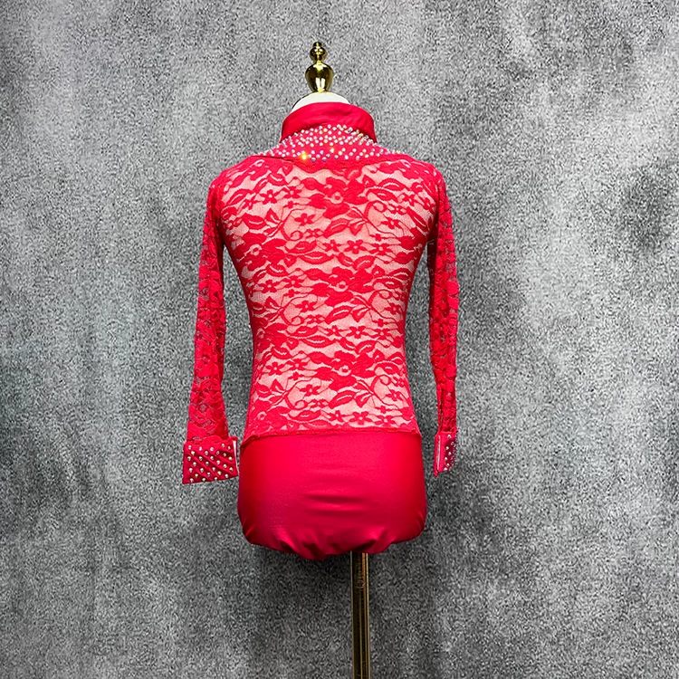 Custom Size Men's Black Red Lace Latin Dance Shirt - Rhinestone V-Neck Stage Top