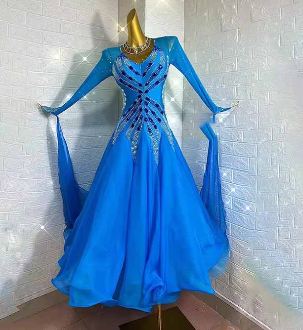 Custom Size Blue Crystal Ballroom Dance Dress Smooth Dance Long Swing Skirts