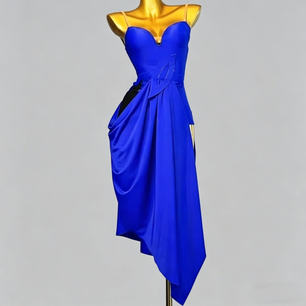 Custom Size Royal Blue Latin Dance Dress - Spaghetti Strap Draped Asymmetric Hem Performance Outfit