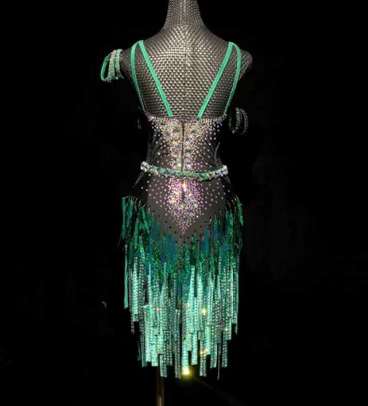 Custom Size Competition Emerald Green Bling Fringe Competition Latin Dance Dress for Women Salsa Blackpool Dance Clothing