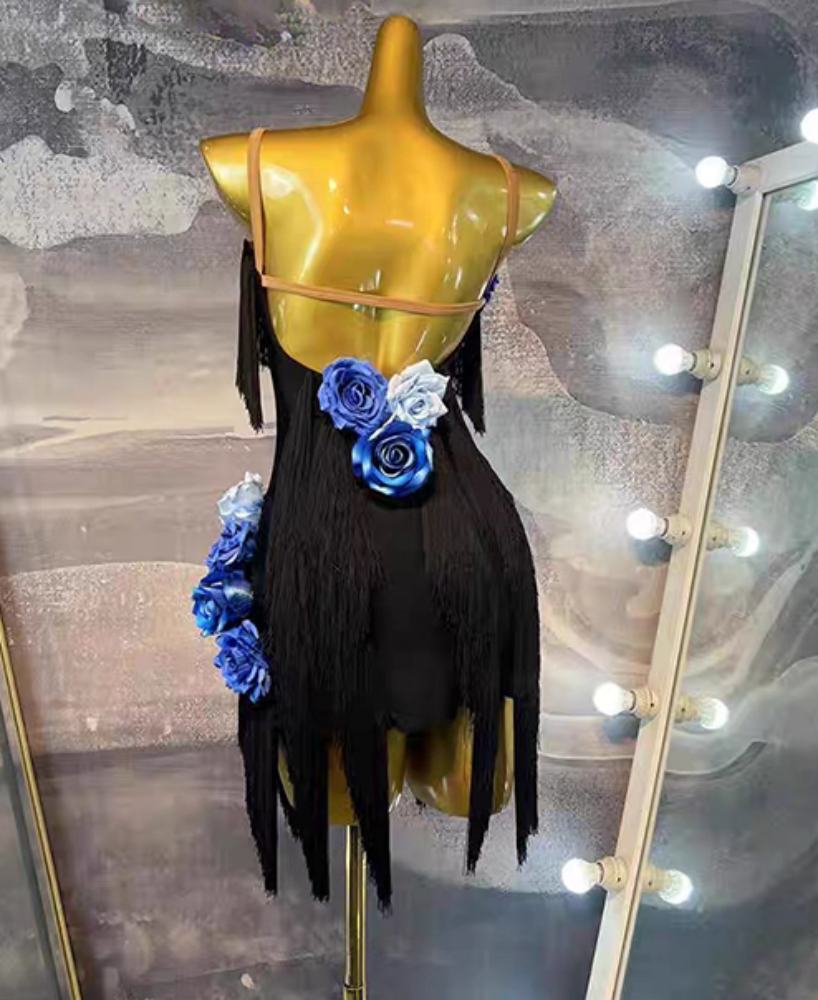 Girls Latin Dance Dresses Kids Fringe Salsa Dancing Costumes Blue Flower