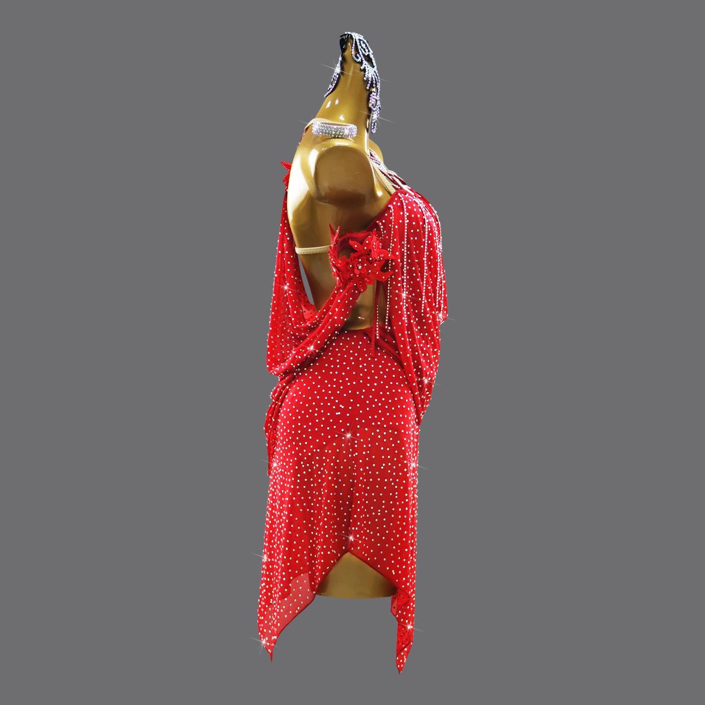 Custom Size Red Competition Latin Dance Dresses for Women Flowy Bling Salsa Rumba Chacha Performance Costumes