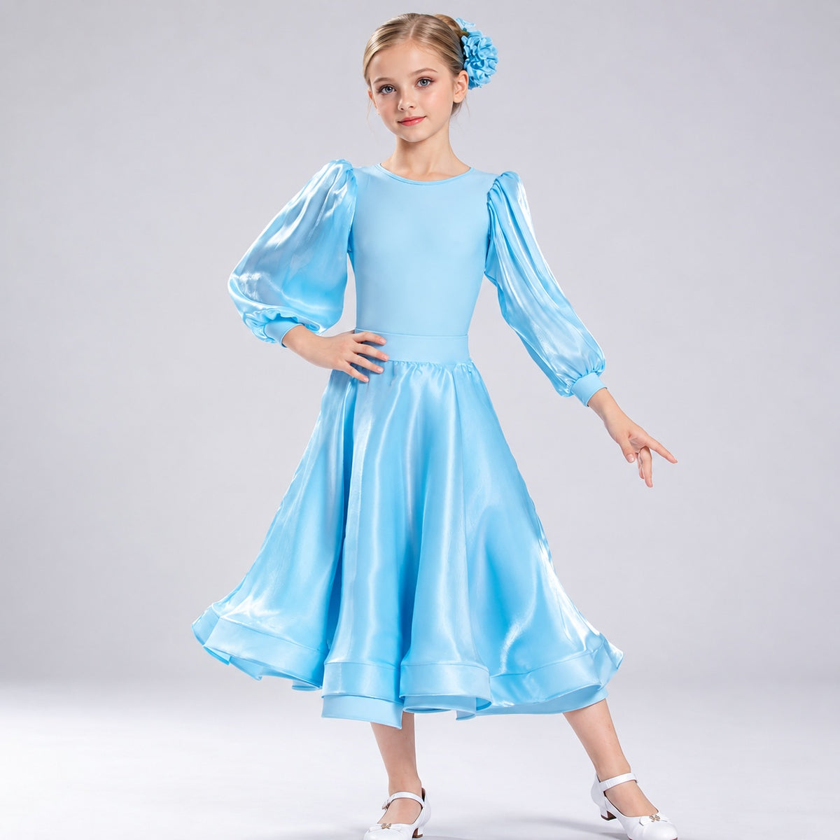 Girls Light Blue Latin Ballroom Dance Dress Kids Long Sleeve Competition Waltz Gown