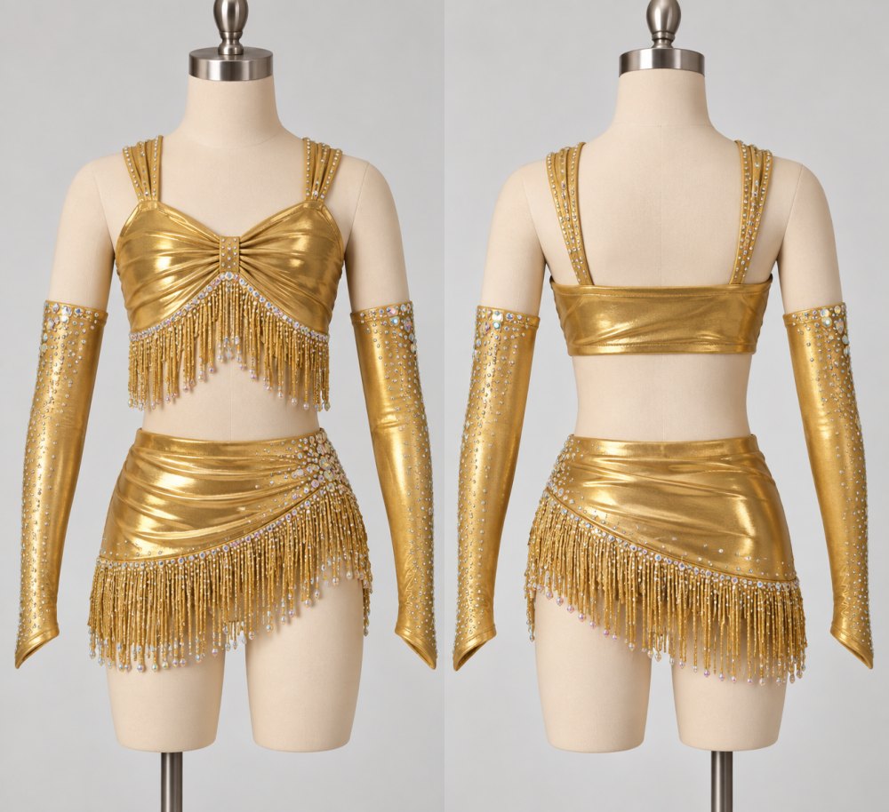 Custom Gold Metallic Fringe Latin Dance Dress | Girls Luxury Rhinestone Tassel Top & Side Slit Skirt Set | Professional Jazz Stage Performance Costume
