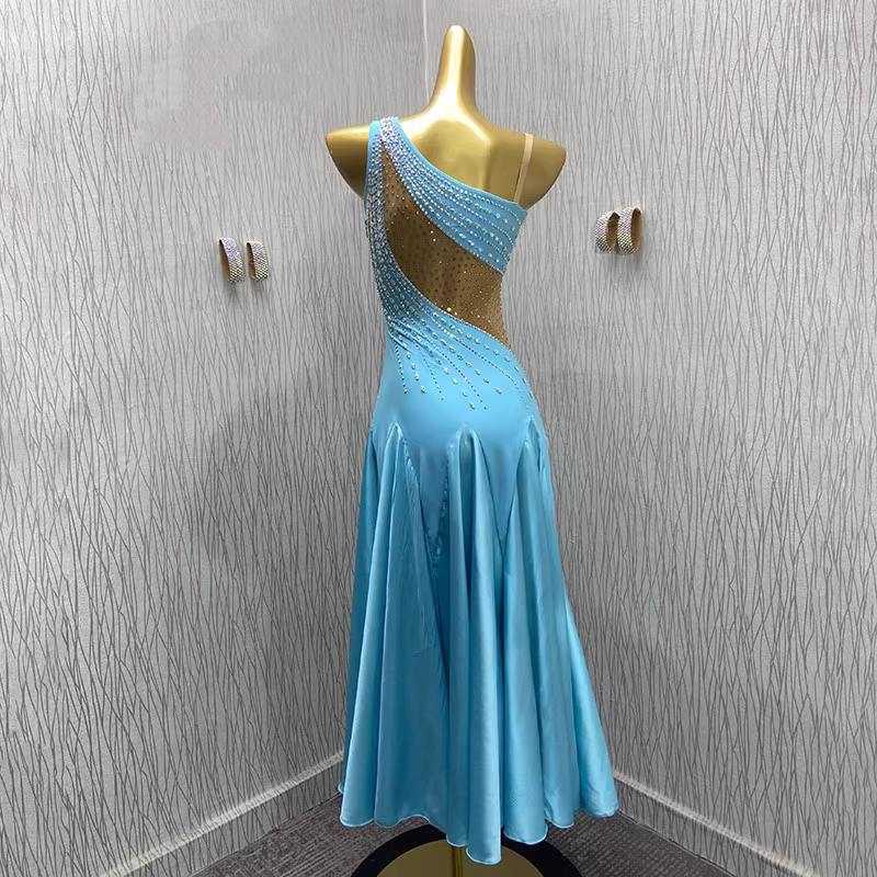 Custom Size American Smooth Dance Dresses for Women Girls Blue Ballroom Dance Waltz Tango Dance Long Gown - Moderndancedress.com