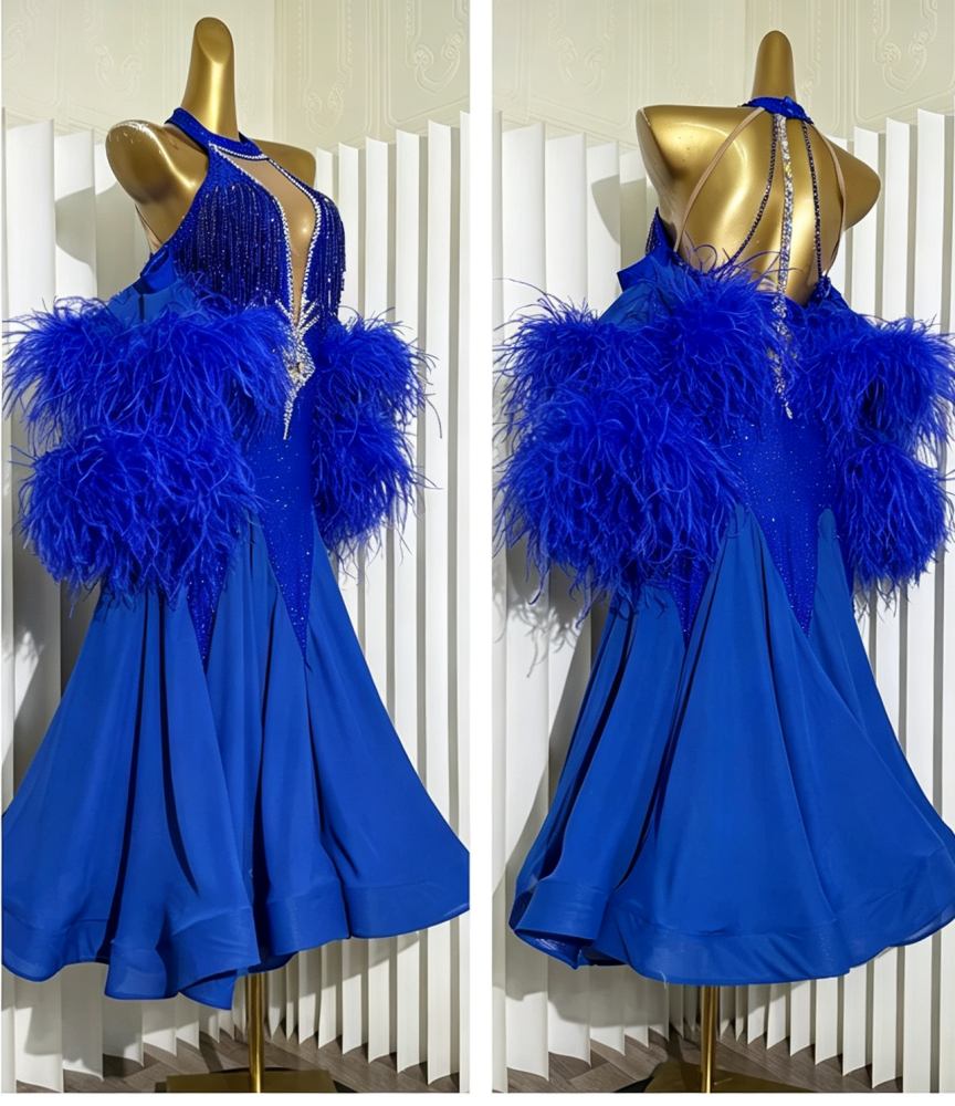 Custom Size Royal Blue Orange Competition Ballroom Dance Dresses for Women Girls Waltz Tango Dancing Gown