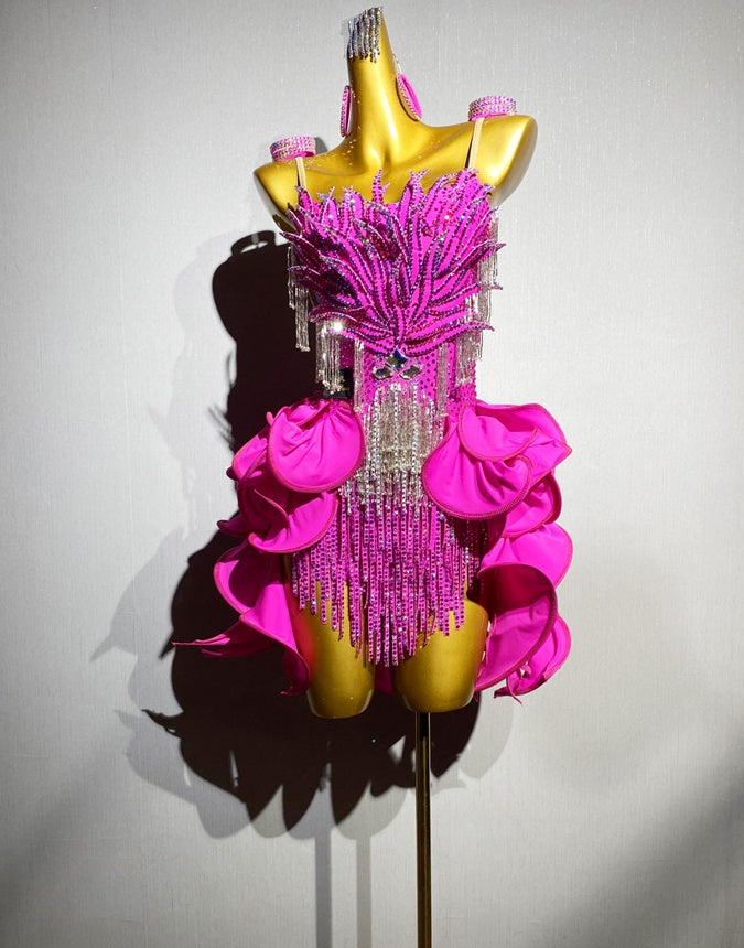 Custom Size Petals Competition Latin Dance Dresses Dark Geen Blue Salsa Rumba Chacha Blackpool Performance Costumes