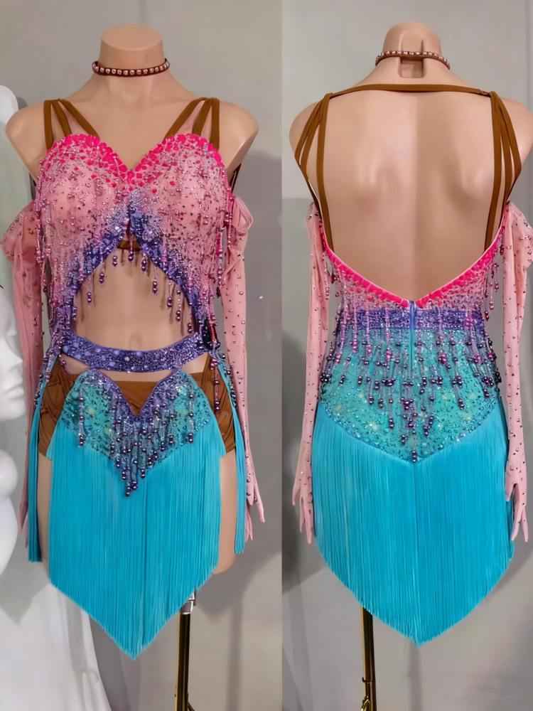 Custom Size Women's Latin Dance Dress Blue Pink Fringe Salsa Blackpool Dance Wear