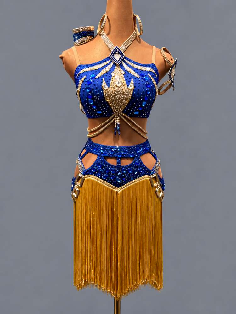 Custom Royal Blue & Gold Competition Latin Dance Dress with Crystals Salsa Costume