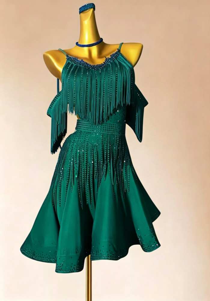Custom Size Emerald Green Fringe Latin Dance Dress for Competition Pink Salsa Chacha Stage Performance Costumes