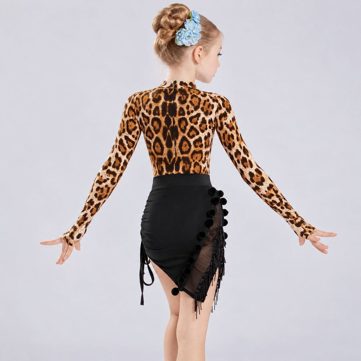 Girls Leopard Print Latin Dance Dress Kids Salsa Two-Piece Long Sleeve Performance Costume
