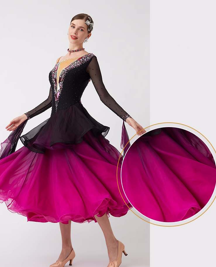 Custom Size Competition Ballroom Dance Dresses for Women Girls Fuchsia Black Waltz Tango Performance Long Gown - Moderndancedress.com