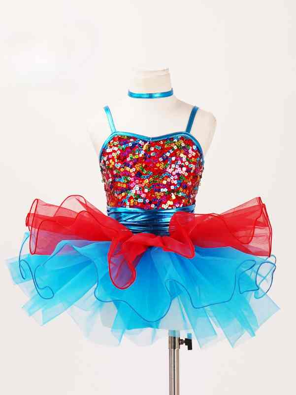 Children toddlers Blue red sequins ballet dance dress tutu skirt sparkle jazz performance costumes festival catwalks singing outfits for kids
