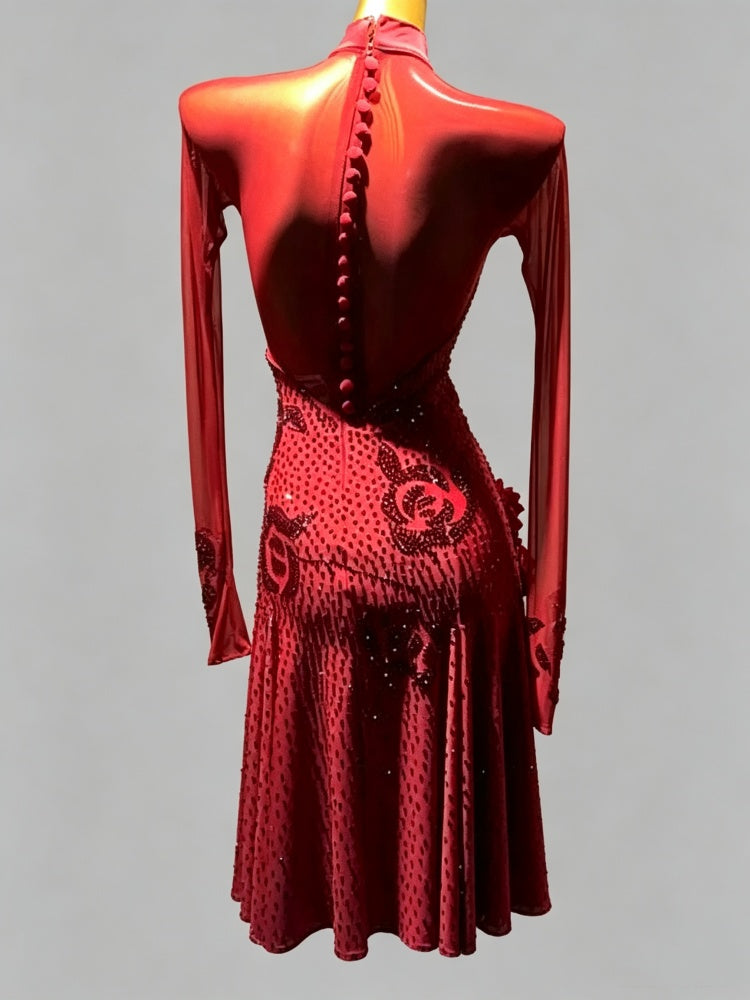 Custom Wine Red Rose Latin Dance Dress Rhythm & Ballroom Outfits