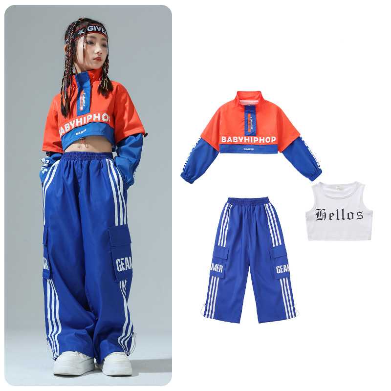 Girls Boys Hip Hop Jazz Dance Costumes Orange Blue Cheerleading Performance Class Uniforms Kids Rapper Singers Gogo Dancers Outfits - Moderndancedress.com