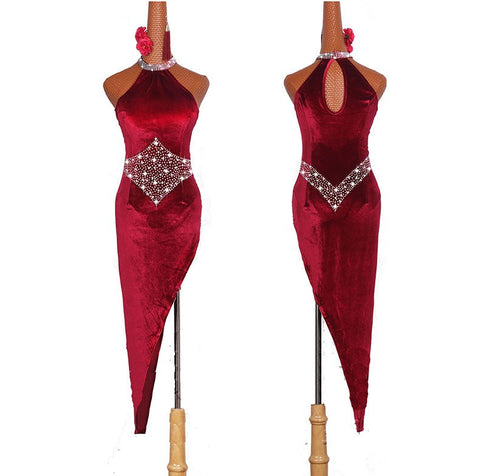 Diamond Latin Dance Dress Latin Dancing Dresses For Ladies Burgundy Elegant Fringe Skirt Women Stage Ballroom Compete Feminine Costumes - Moderndancedress.com