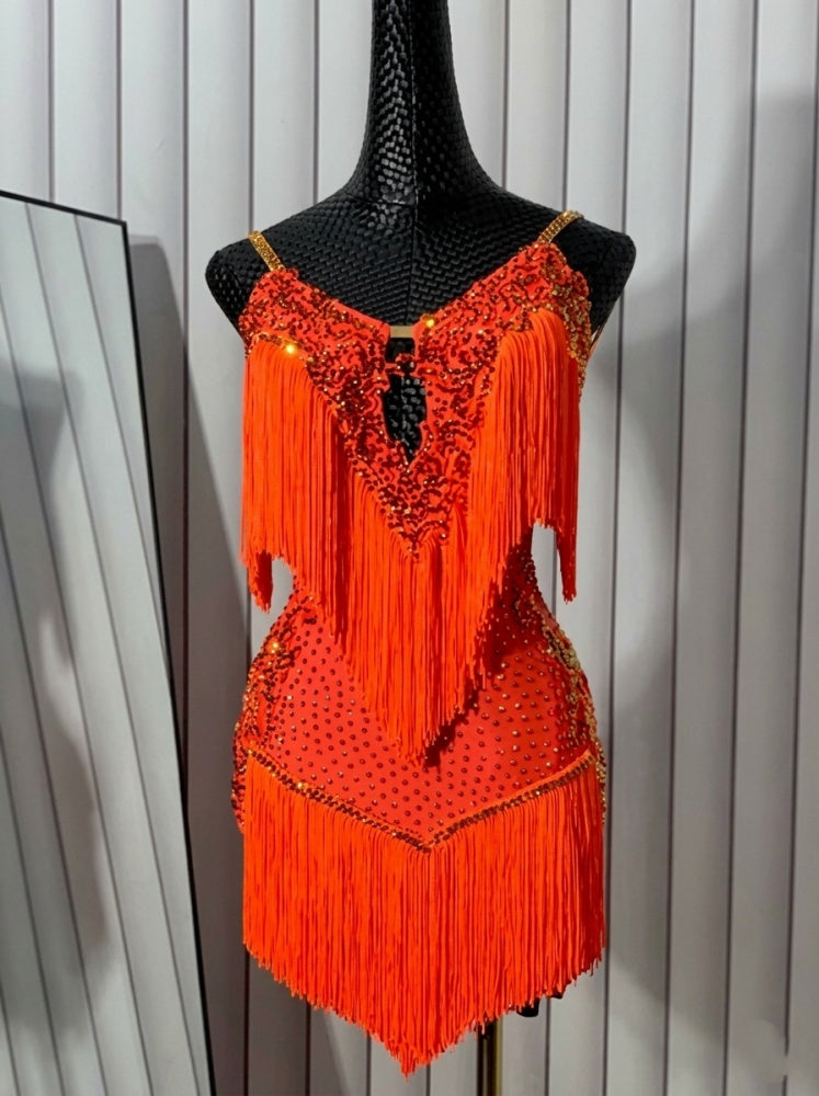 Custom Vibrant Orange Fringe Latin Dance Dress with Crystals Salsa Black Pool Dance Wear