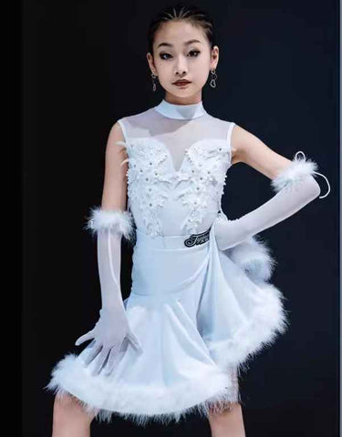 Girls White Feather Latin Competition Dresses for Kids Children Salsa Rumba Chacha Performance Costumes White Ostrich Hair