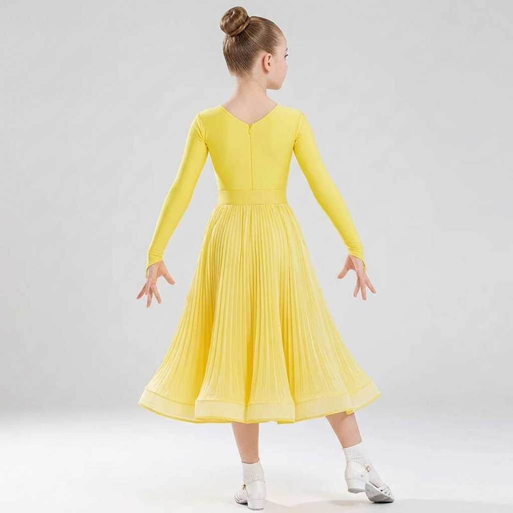 Kids Yellow Long Sleeve Latin Ballroom Dance Dress for Girls  Juvenile Waltz Tango Competition Gown
