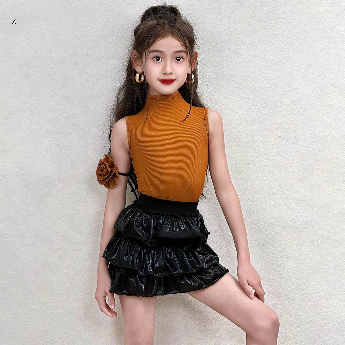 Girls Latin Dance Dress | Kids Mustard Yellow Mock Neck Salsa Chacha Set