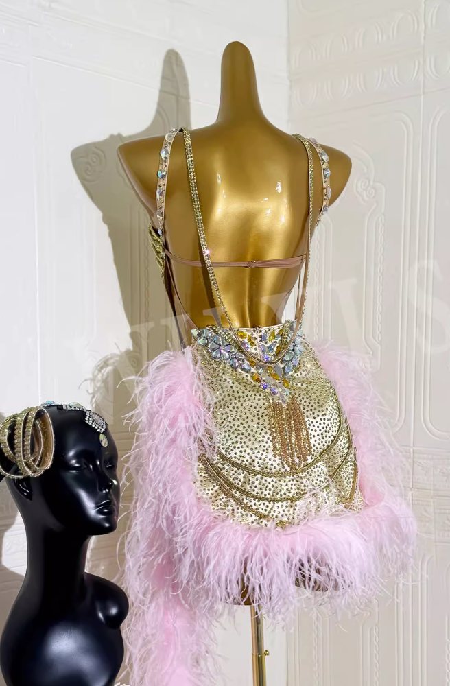 Custom Size Gold Competition Latin Dance Dresses with Pink Feather Salsa Rumba Blackpool Dancing Costumes
