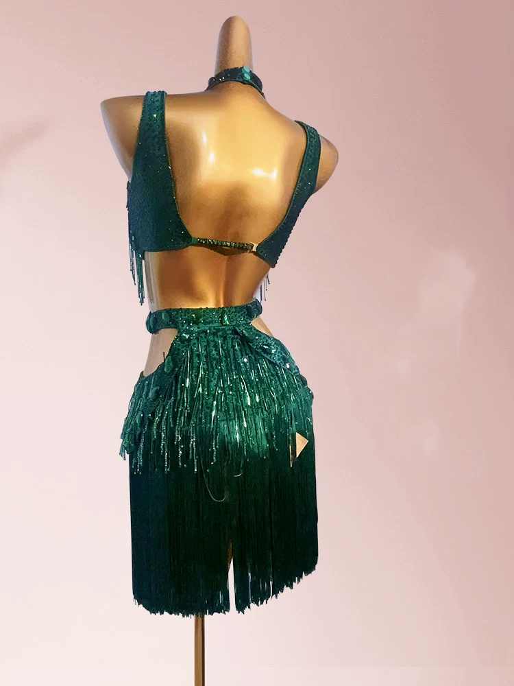 Custom size Dark Green Competition Latin dance dresses for women girls kids salsa samba solo dance flower clothes art test clothing - Moderndancedress.com