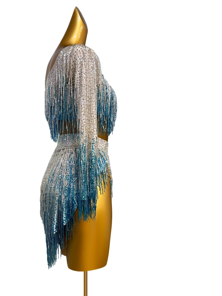 Custom Size Blue Gradient Fringe Competition Latin Dance Dresses for Women Girls One Shoulder