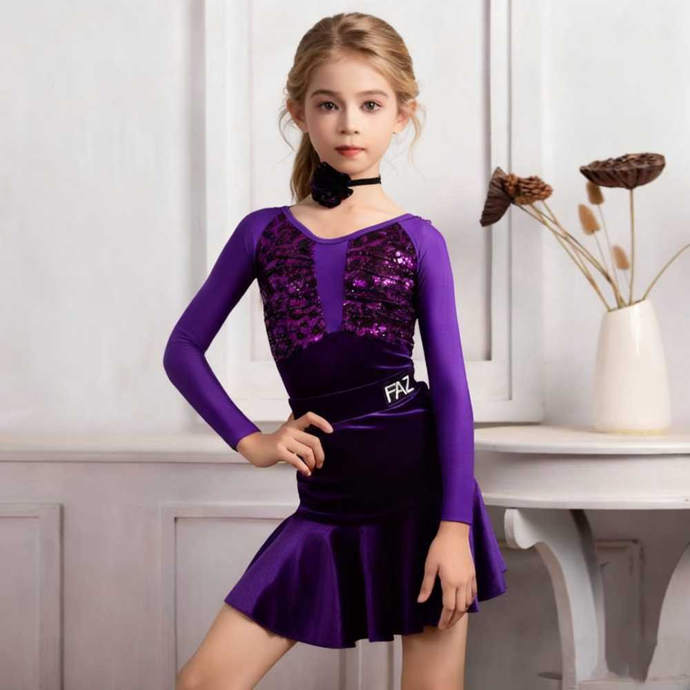 Girls Latin Dance Dresses Violet Velvet Glitter Leopard Salsa Rumba Chacha Ballroom Performance Costumes