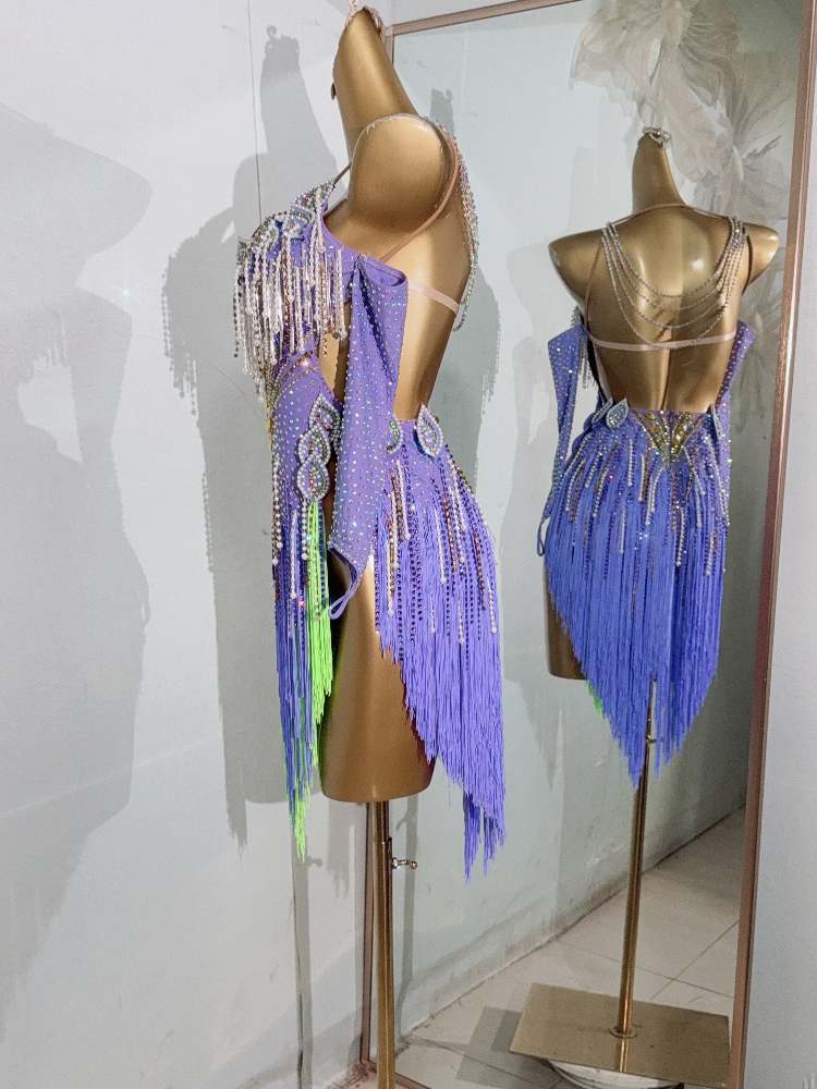 Custom Size Purple Competition Latin Dance Dresses for Women Girls Salsa Rumba Chacha Bling Dance Wear