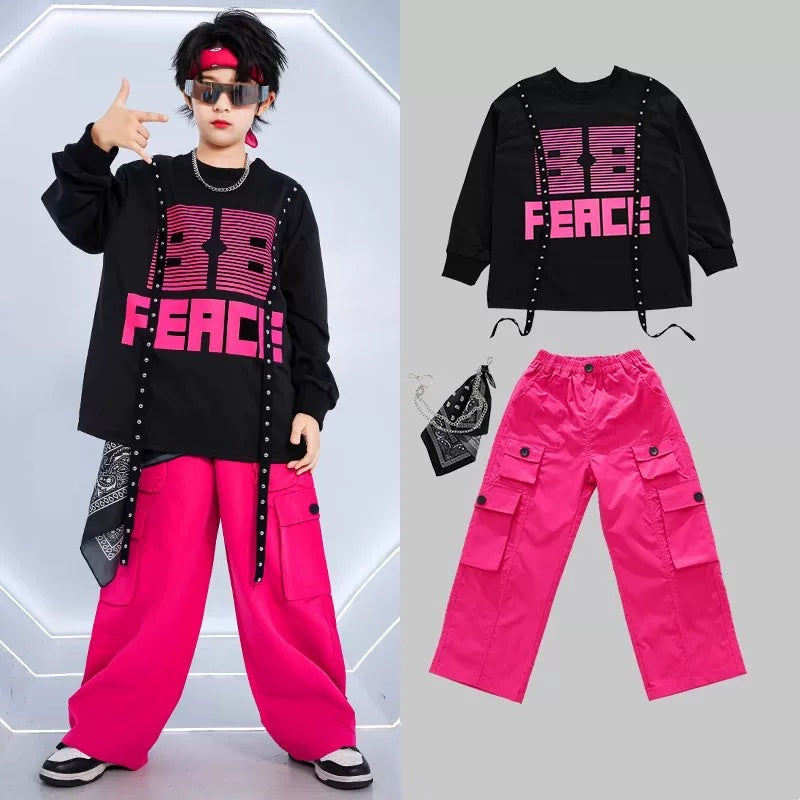 Girls Jazz Dance Costume K-Pop Dance Outfit | Black Crop Top & Pink Tiered Ruffle Skirt Set