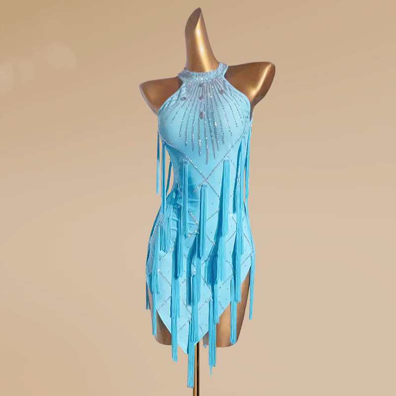 Custom size Turquoise comeptition Tassel Latin Dance dresses for girls women Adult salsa rumba chacha Performance Costume solo dance clothes - Moderndancedress.com