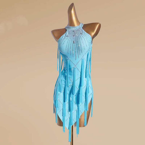 Custom size Turquoise comeptition Tassel Latin Dance dresses for girls women Adult salsa rumba chacha Performance Costume solo dance clothes - Moderndancedress.com